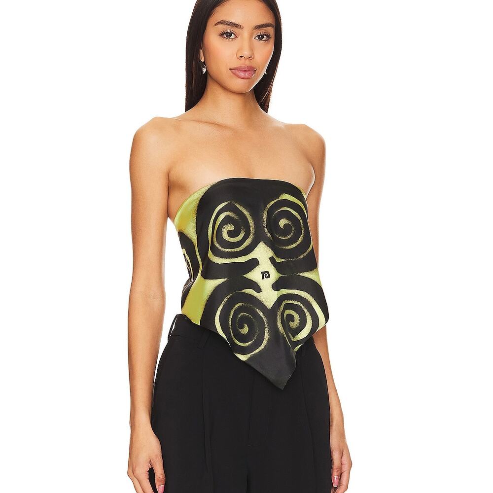 Nanushka Black and Lime Green Strapless Silk Scarf Top